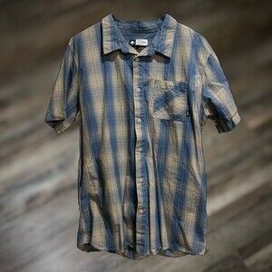 LRG Lifted Research Group Mens XL Short Sleeve Button Down Plaid Shirt Blue/Grey